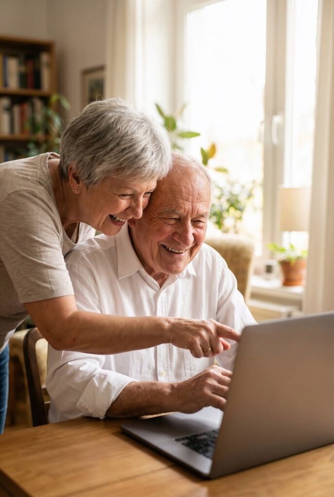seniors, couple, laptop, technology, laughing, togetherness, home, internet, browsing, digital, retirement, happy, pointing, connection, lifestyle, silver, discovery, love, indoor, communication, ai generated